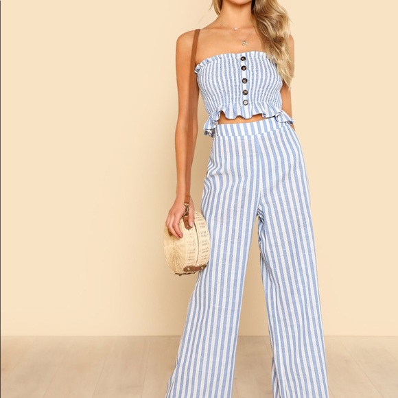 SHEIN Strapless  Blue White Striped  Top Pants Set - Picture 2 of 8